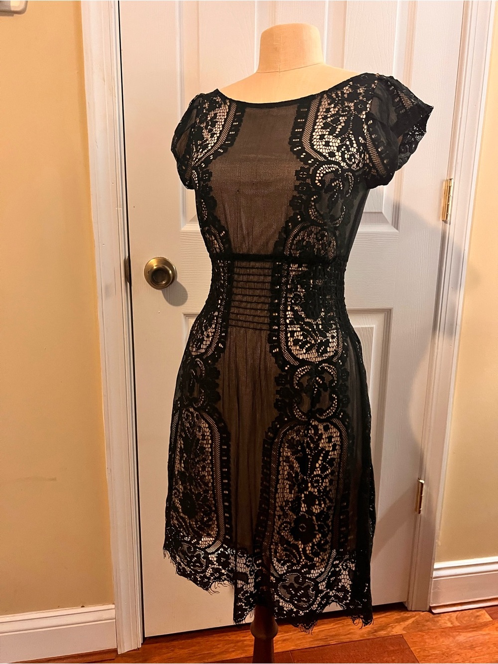 Vintage Pinky Black Lace Midi Dress with Sheer Overlay